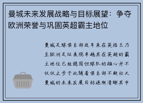 曼城未来发展战略与目标展望：争夺欧洲荣誉与巩固英超霸主地位
