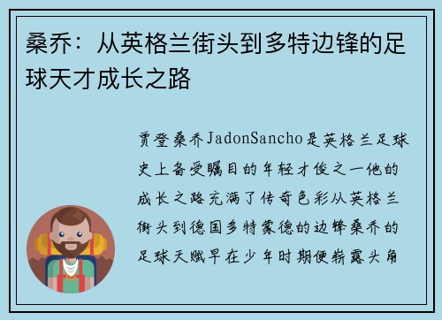 桑乔:从英格兰街头到多特边锋的足球天才成长之路 桑乔:从英格兰街头到多特边锋的足球天才成长之路