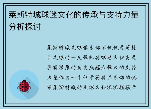 莱斯特城球迷文化的传承与支持力量分析探讨 莱斯特城球迷文化的传承与支持力量分析探讨